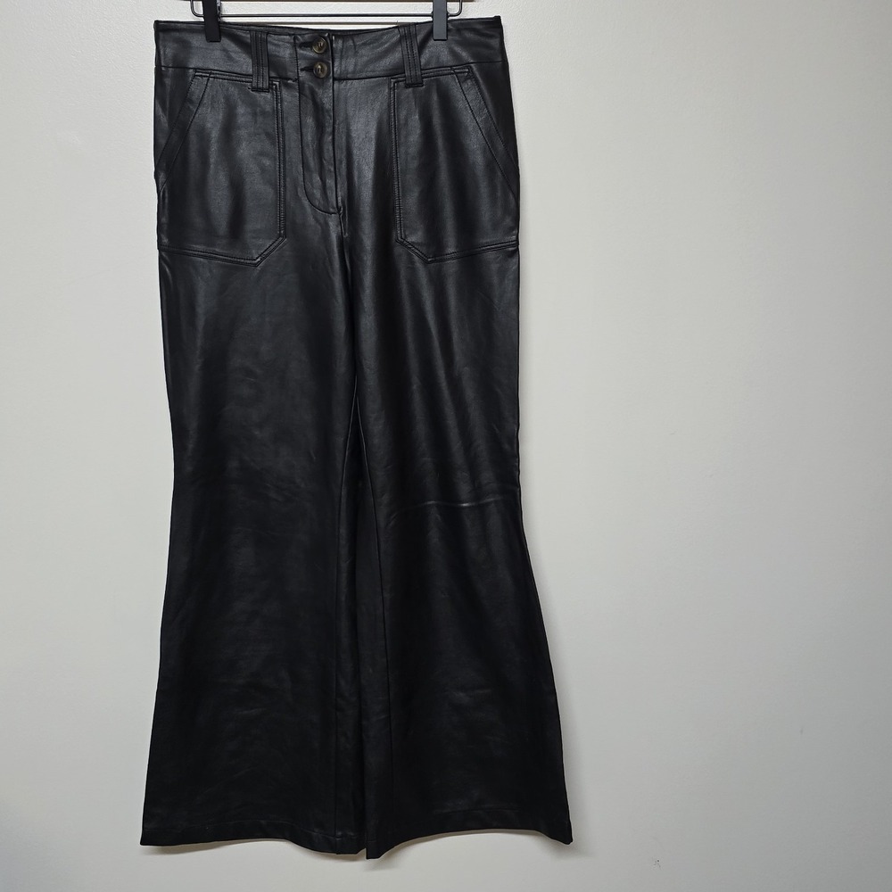 Maeve Anthropologie Faux‎ Leather Wide Leg Pants Black High Rise Sz 10 Flare